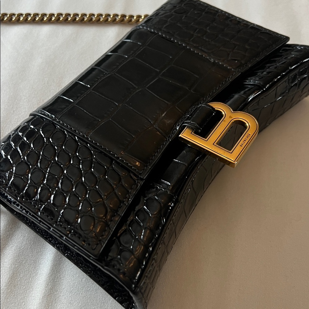 Balenciaga- Black Croc-Embossed Chain Shoulder Bag - Picture 2 of 6
